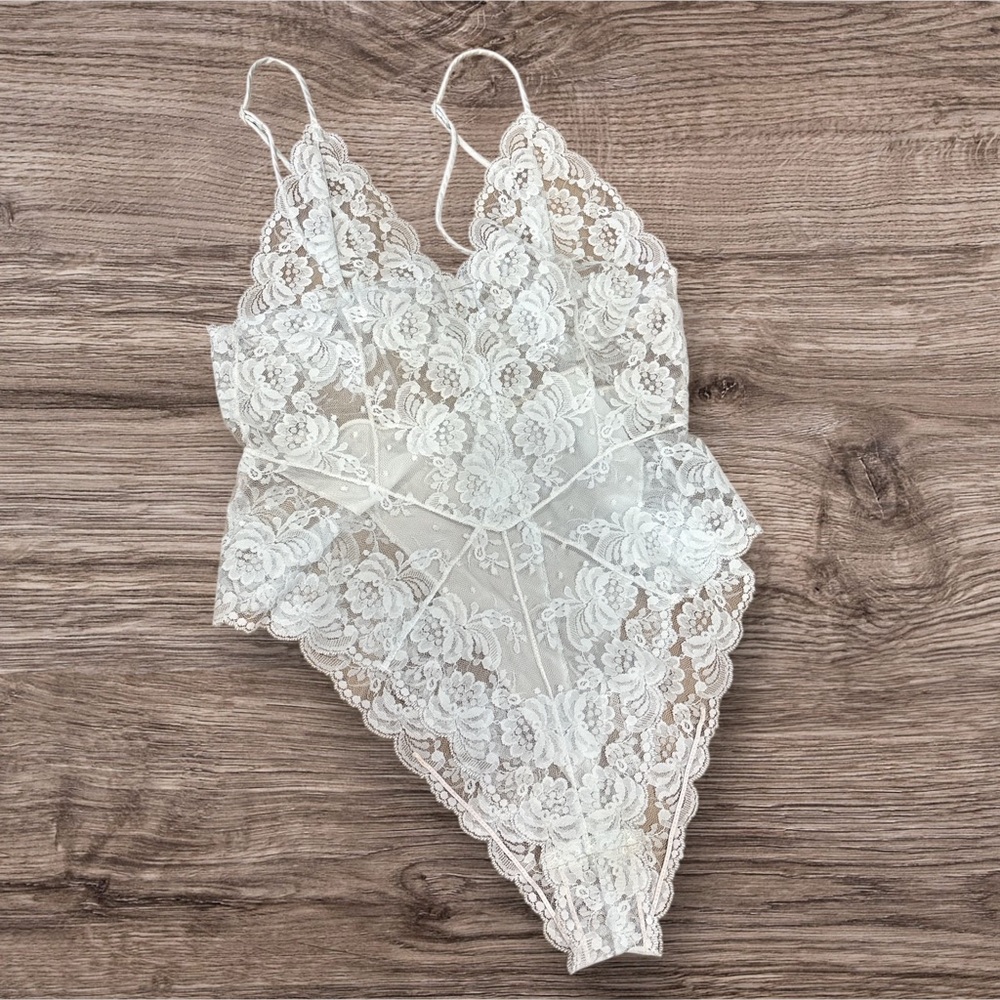 Vintage 80's Barbizon Teddy Satin Remarque Lace Hi Cut Bodysuit Baby Blue Small